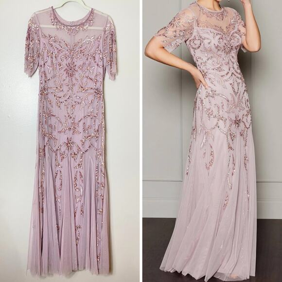 ADRIANNA PAPELL DRESS GOWN BEADED FLORAL FORMAL SEQUIN LONG MAXI EVENING FAIRY - Picture 1 of 16
